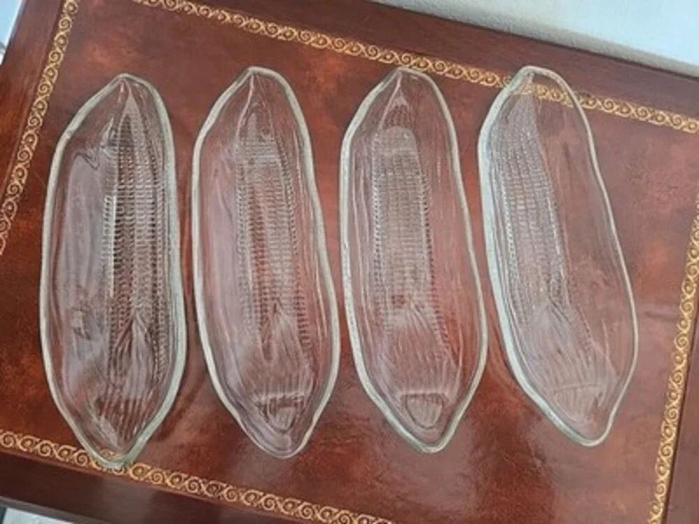 Vintage CORN ON THE COB Holders Clear Pressed Heavy GLASS DISHES Plates - 4